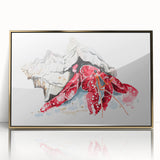 Framed acrylic wall art showcasing a detailed marine life crab design with a gold border, perfect for adding a touch of coastal elegance to any home decor.