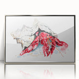 Framed acrylic wall art featuring a detailed marine life crab design in silver tones, showcasing intricate textures and vibrant colors, perfect for coastal decor.