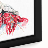 Close-up of a vibrant framed canvas artwork showcasing a detailed crab design, featuring rich colors and intricate textures, perfect for marine life decor.
