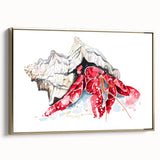 Framed wall art featuring a vibrant crab design in gold tones, showcasing intricate marine life details, perfect for coastal-themed decor.