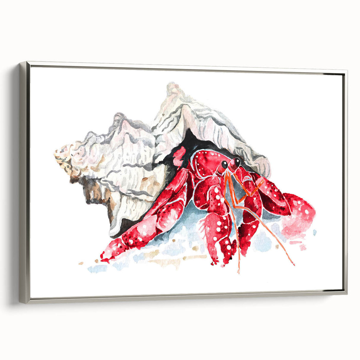 Framed canvas wall art showcasing a vibrant crab design with intricate details, featuring a silver frame that enhances its marine life theme, perfect for ocean-inspired decor.