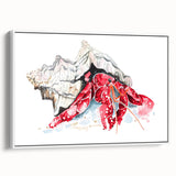 Framed wall art featuring a vibrant marine life crab design on canvas, showcasing intricate details and a white frame, perfect for coastal-themed decor.