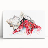 Colorful marine life wall art featuring a detailed crab design on stretched canvas, perfect for ocean-themed decor, leaning against a textured wall.