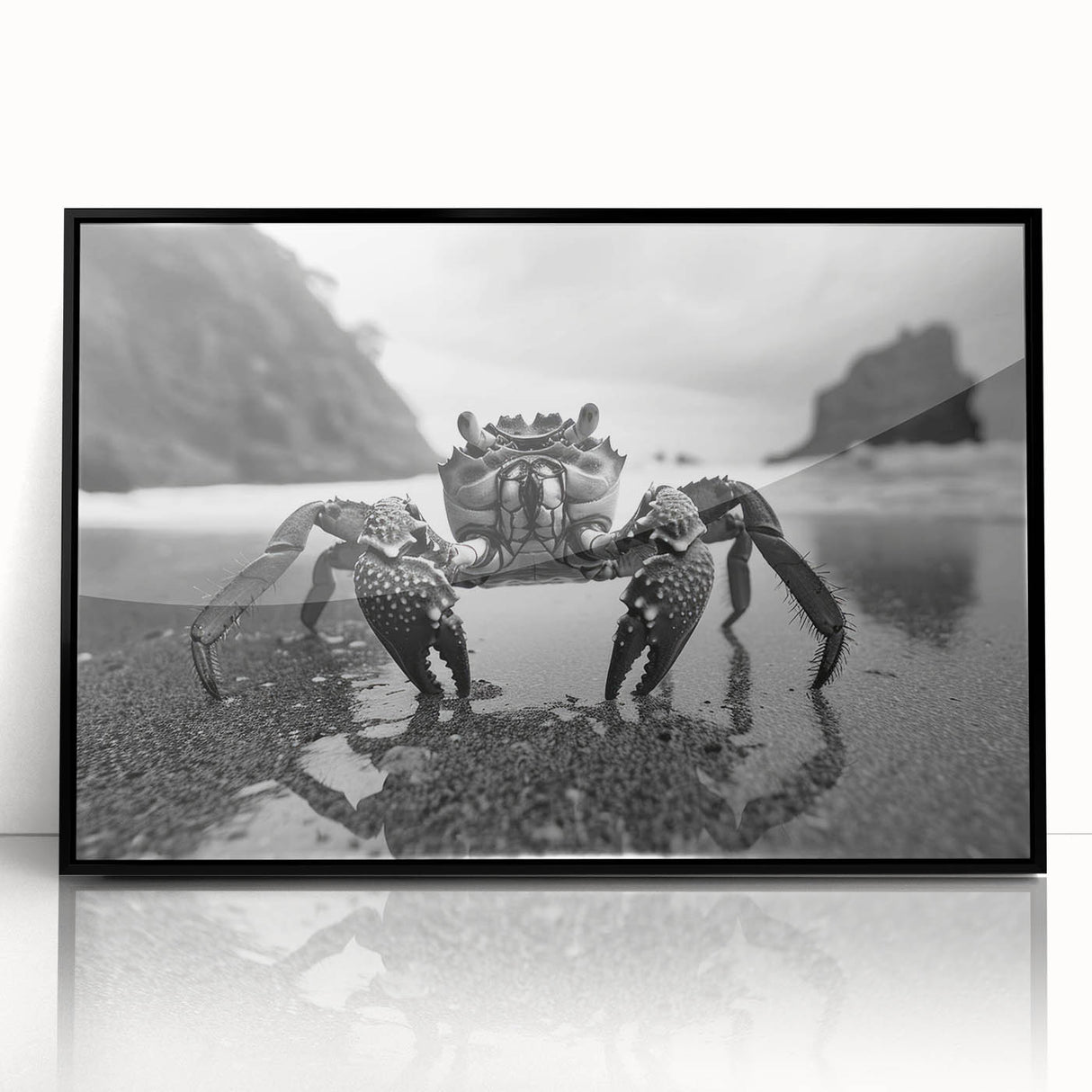 Framed acrylic wall art depicting a vibrant marine life crab design, featuring intricate details and a sleek black frame, perfect for ocean-themed decor.