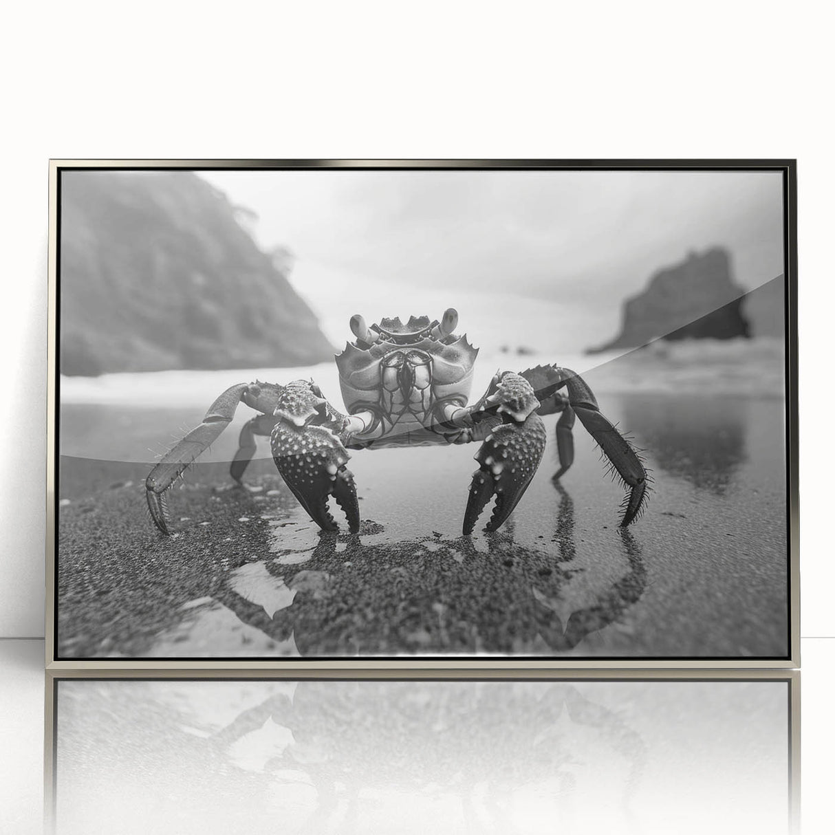 Framed wall art featuring a detailed crab design in vibrant colors, showcasing marine life. The artwork is presented with an elegant silver frame, perfect for coastal-themed decor.