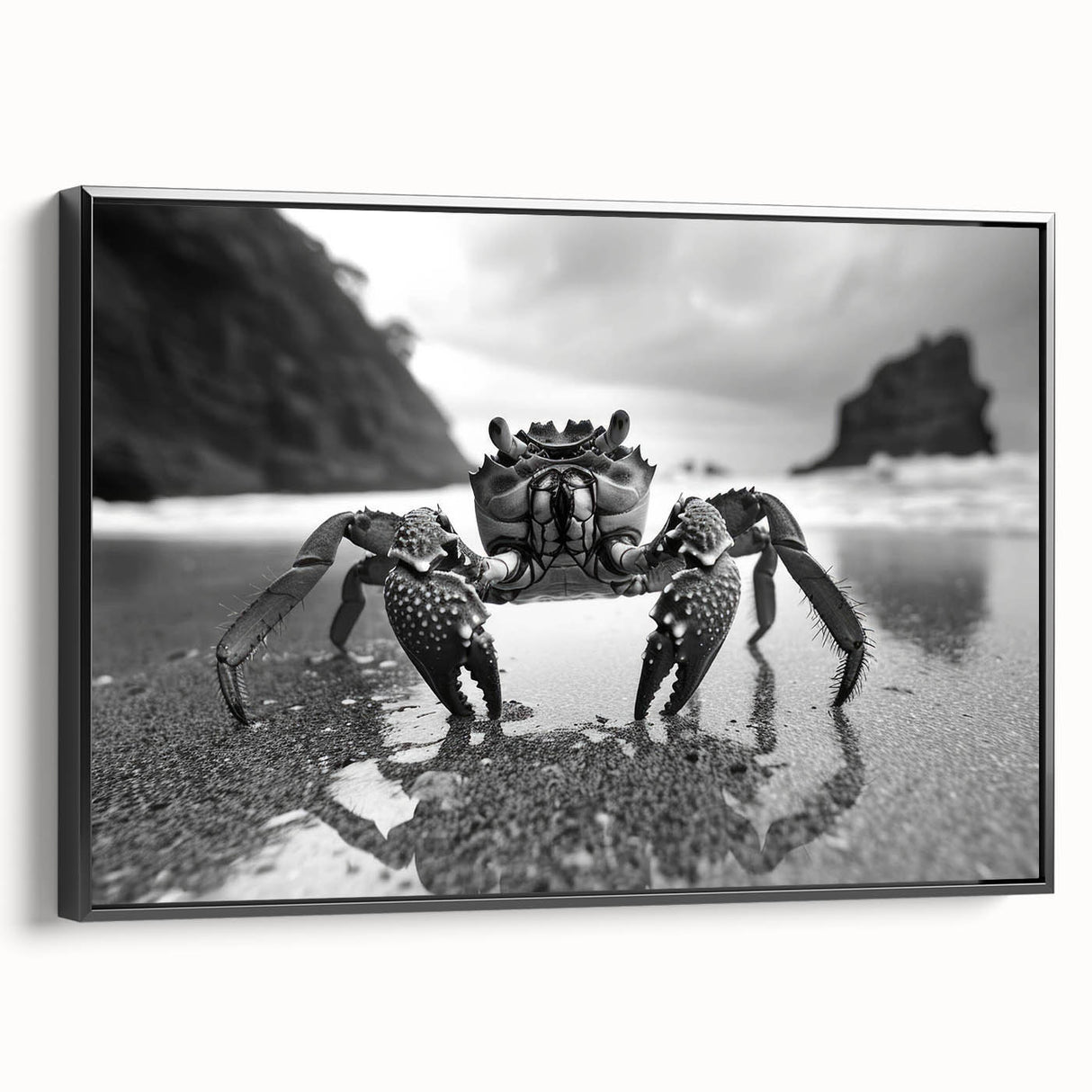 Framed canvas wall art showcasing a detailed marine life crab design, featuring vibrant colors and a sleek black frame, perfect for coastal-themed decor.