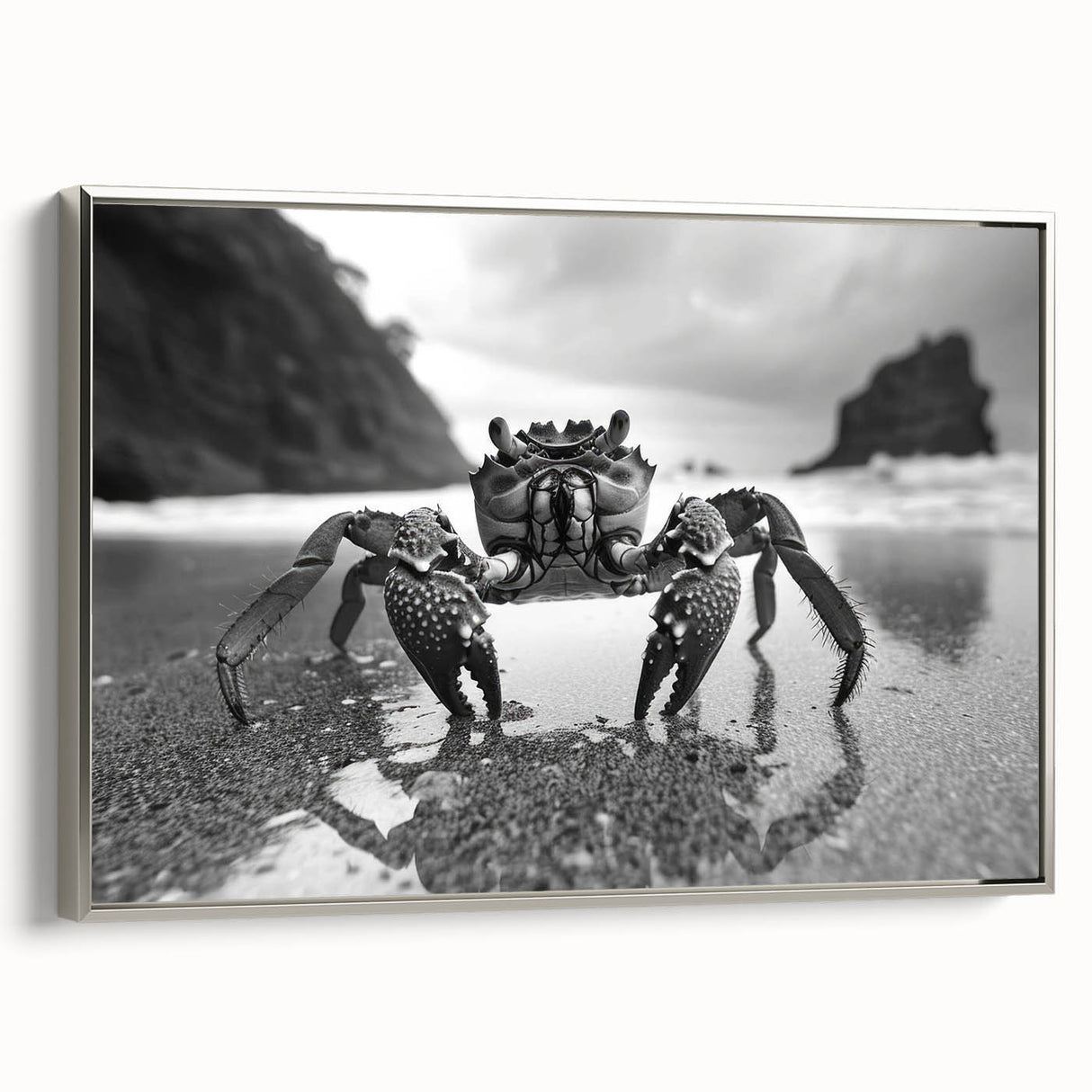 Framed wall art featuring a vibrant marine life crab design, set against a sleek silver frame, showcasing intricate details and textures, perfect for ocean-themed decor.