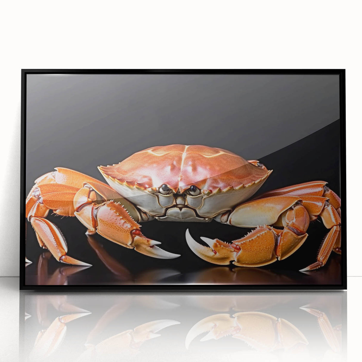 Framed acrylic wall art featuring a detailed marine life crab design in vibrant colors, set against a sleek black frame, perfect for ocean-themed decor.