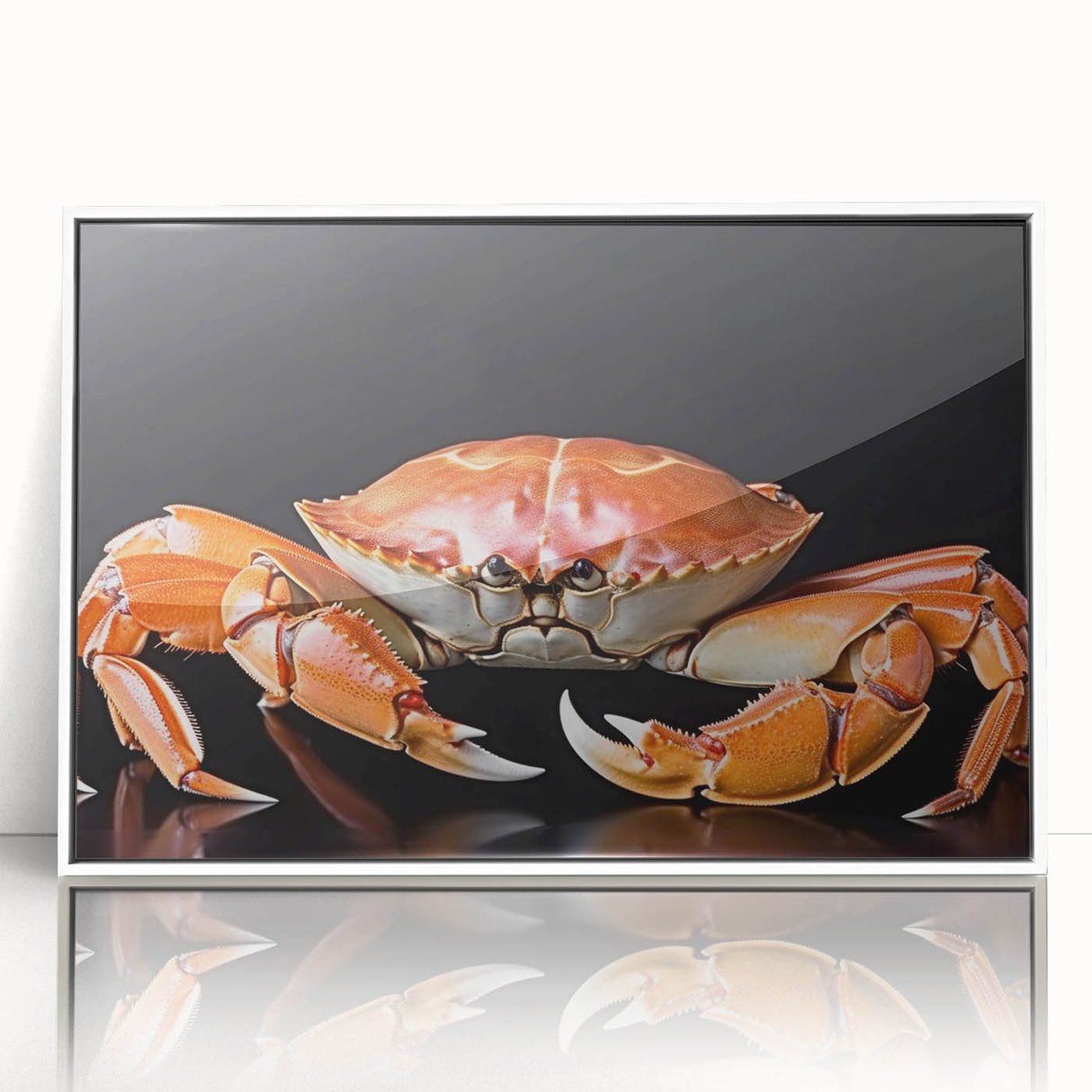 Framed acrylic wall art showcasing a vibrant marine life crab design, featuring a white frame and a glossy finish, perfect for ocean-themed decor.