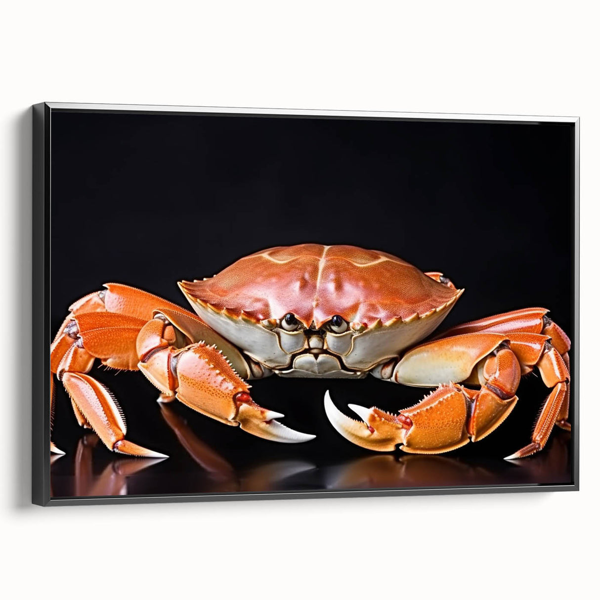 Framed wall art showcasing a detailed marine life crab design on textured canvas, featuring a sleek black frame and side view presentation, perfect for coastal decor.