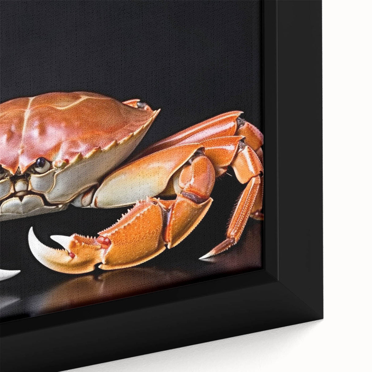 Close-up of a framed canvas showcasing a vibrant marine life crab design, featuring intricate details and colors, perfect for ocean-themed home decor.