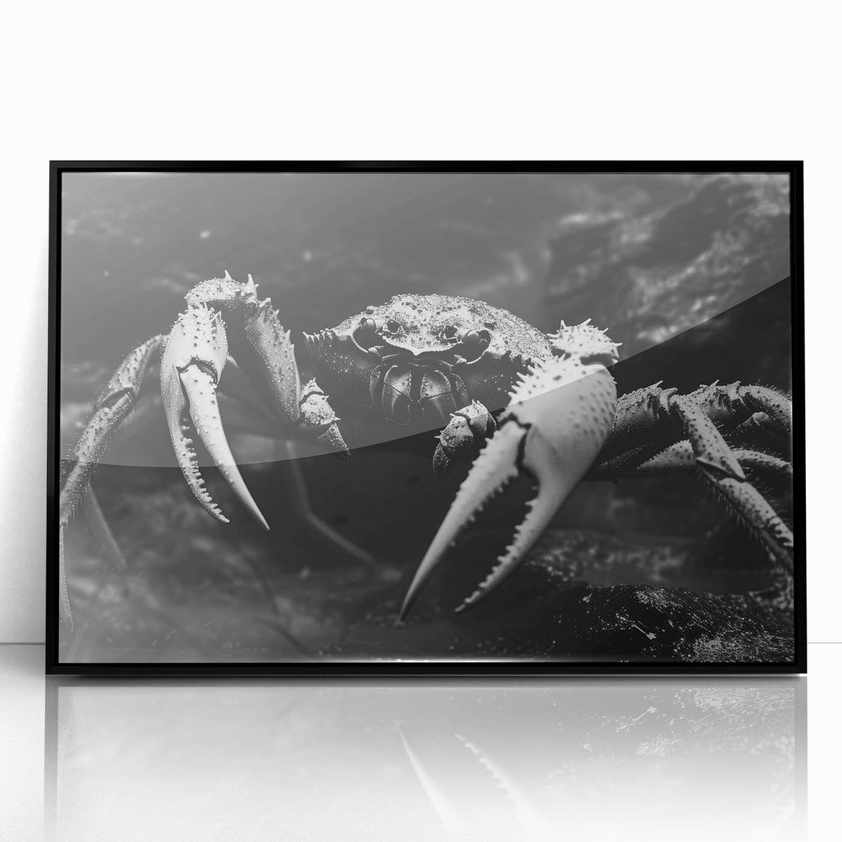 Framed wall art featuring a vibrant marine life crab design in black acrylic, showcasing intricate details and colors, perfect for ocean-themed decor.