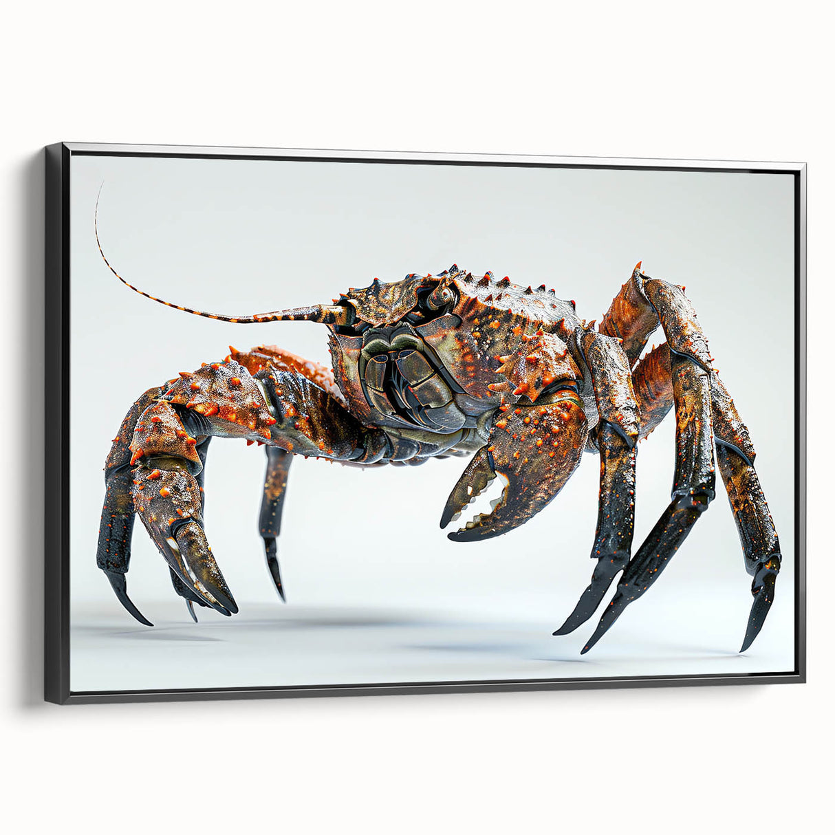 Framed wall art featuring a striking marine life crab design on canvas, showcasing vibrant colors against a sleek black frame, ideal for ocean-themed decor.