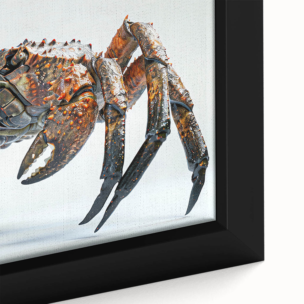Close-up of a framed canvas wall art piece showcasing a vibrant marine life crab design with intricate details, perfect for ocean-themed decor.