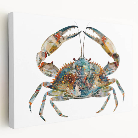 Side view of a vibrant stretched canvas wall art piece showcasing a detailed marine life crab design, featuring rich colors and textures, ideal for coastal decor.