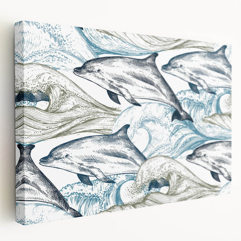 Stretched canvas wall art featuring a vibrant dolphin design in shades of blue and green, showcasing marine life, ideal for ocean-themed decor.