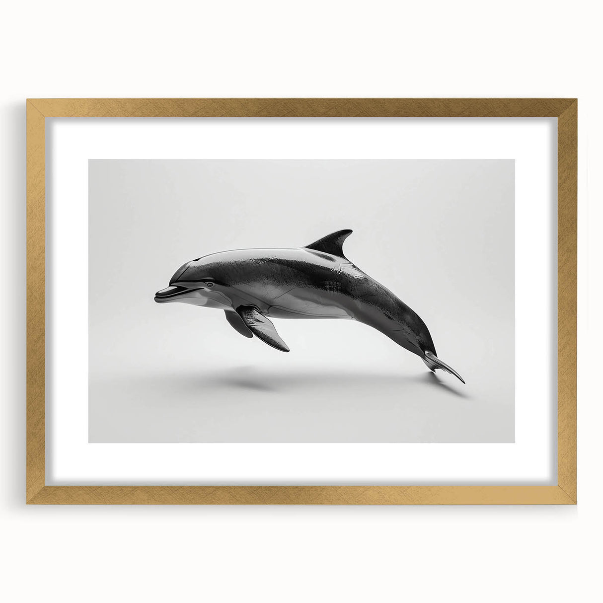 Framed wall art display featuring a marine life dolphin design, elegantly presented in a gold frame with a mat, perfect for ocean-themed decor.