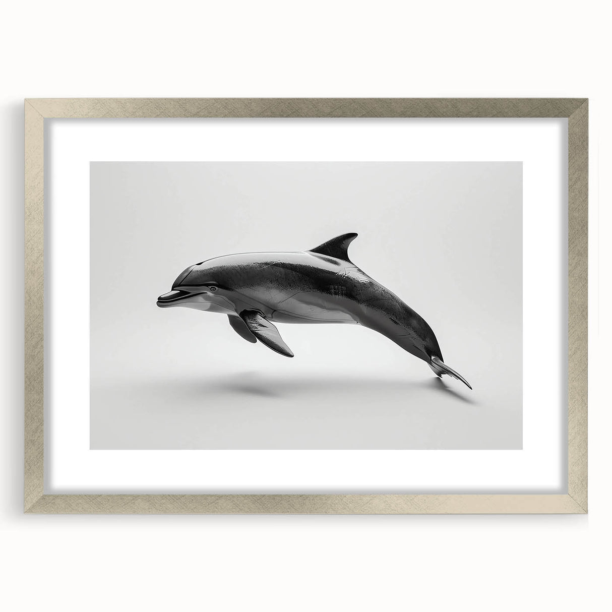 Framed wall art collection featuring a dolphin design, showcasing vibrant marine life colors. The artwork is elegantly presented in a silver frame with a mat, perfect for ocean-themed decor.
