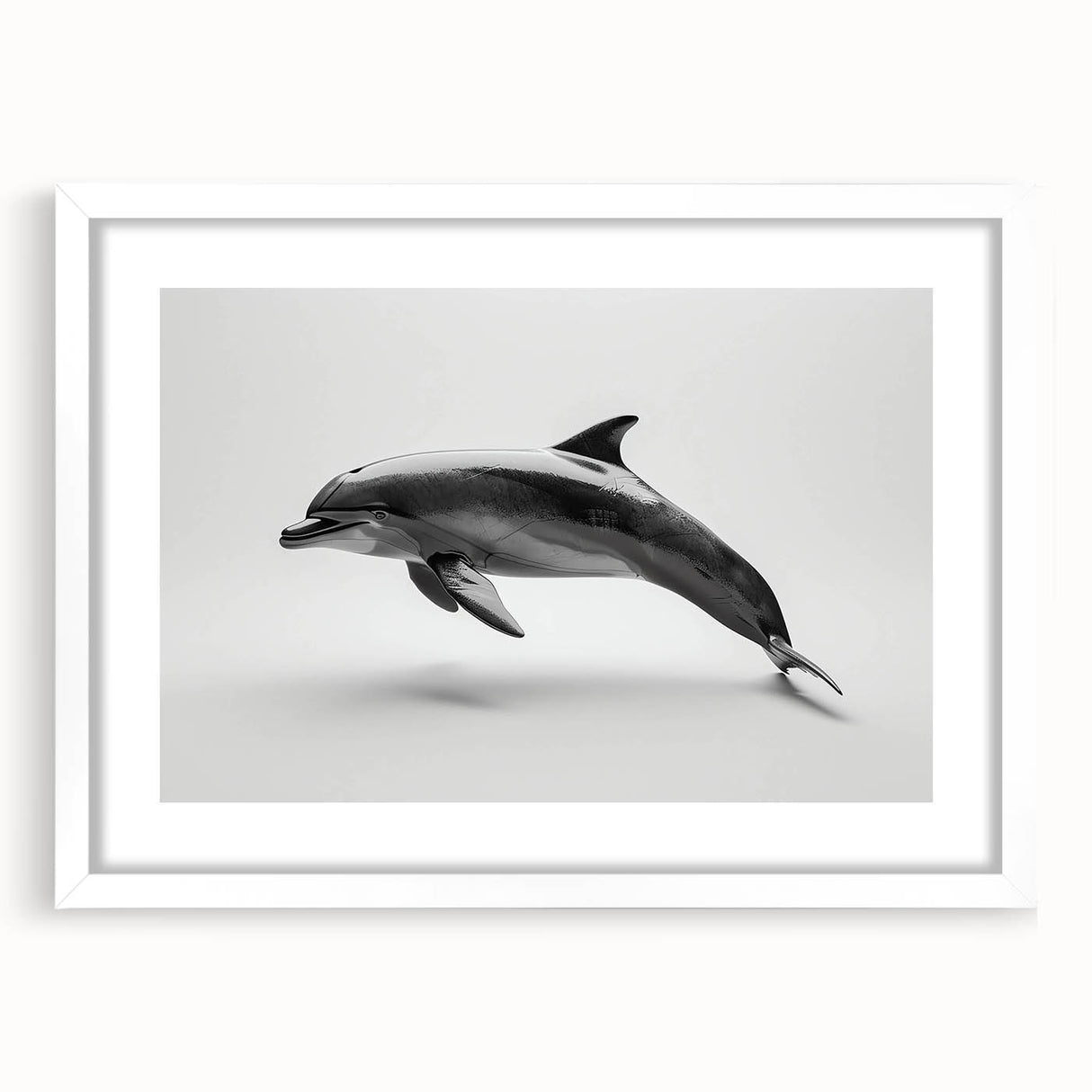 Framed wall art showcasing a vibrant dolphin design against a white mat, perfect for marine life enthusiasts, adding a touch of oceanic charm to any decor.