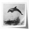 Vibrant dolphin wall art design displayed on a glossy canvas print, showcasing detailed marine life illustrations in shades of blue and green, perfect for ocean-themed decor.