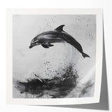 Vibrant dolphin wall art design displayed on a glossy canvas print, showcasing detailed marine life illustrations in shades of blue and green, perfect for ocean-themed decor.
