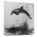 Side view of a dolphin-themed wall art piece made of acrylic glass, showcasing vibrant marine life colors and a sleek design, perfect for ocean-inspired decor.