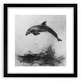 Framed wall art featuring a vibrant dolphin design with marine life motifs, set in a sleek black frame with a white mat, perfect for ocean-themed decor.