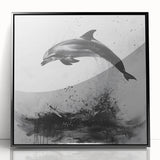 Framed wall art featuring a vibrant dolphin design, showcasing marine life in vivid colors against a black background, perfect for ocean-themed decor.