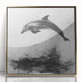 Framed wall art featuring a stunning dolphin design in vibrant colors, set in a luxurious gold-acrylic frame, perfect for marine life enthusiasts.