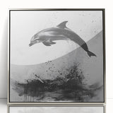 Framed wall art featuring a vibrant dolphin design in a silver acrylic frame, showcasing marine life with colorful details against a clean background, perfect for ocean-themed decor.