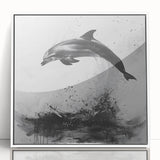 Framed wall art showcasing a vibrant dolphin design, crafted with acrylic for a sleek finish, displayed against a white background, perfect for marine-themed decor.