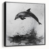 Framed black canvas wall art showcasing a vibrant dolphin design, perfect for marine life enthusiasts, adding a modern touch to home decor.