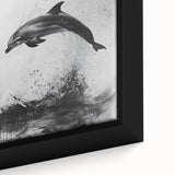 Close-up of a framed canvas wall art piece showcasing a vibrant dolphin design, featuring shades of blue and green, perfect for marine life enthusiasts.