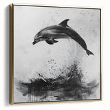 Framed canvas wall art featuring a sleek gold dolphin design, showcasing marine life in an elegant side view, perfect for enhancing coastal-themed decor.