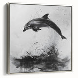Framed wall art featuring a silver side view of a dolphin design, showcasing marine life with vibrant colors and intricate details, perfect for ocean-themed decor.