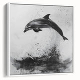 Framed wall art featuring a vibrant dolphin design on canvas, showcasing marine life in rich colors against a white background, perfect for ocean-themed decor.