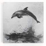 Vibrant stretched canvas wall art depicting a playful dolphin design, showcasing intricate marine life details against a serene blue background, perfect for ocean-themed decor.