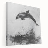 Stretched canvas wall art showcasing a vibrant dolphin design in a marine life theme, featuring shades of blue and white, perfect for ocean-themed decor.