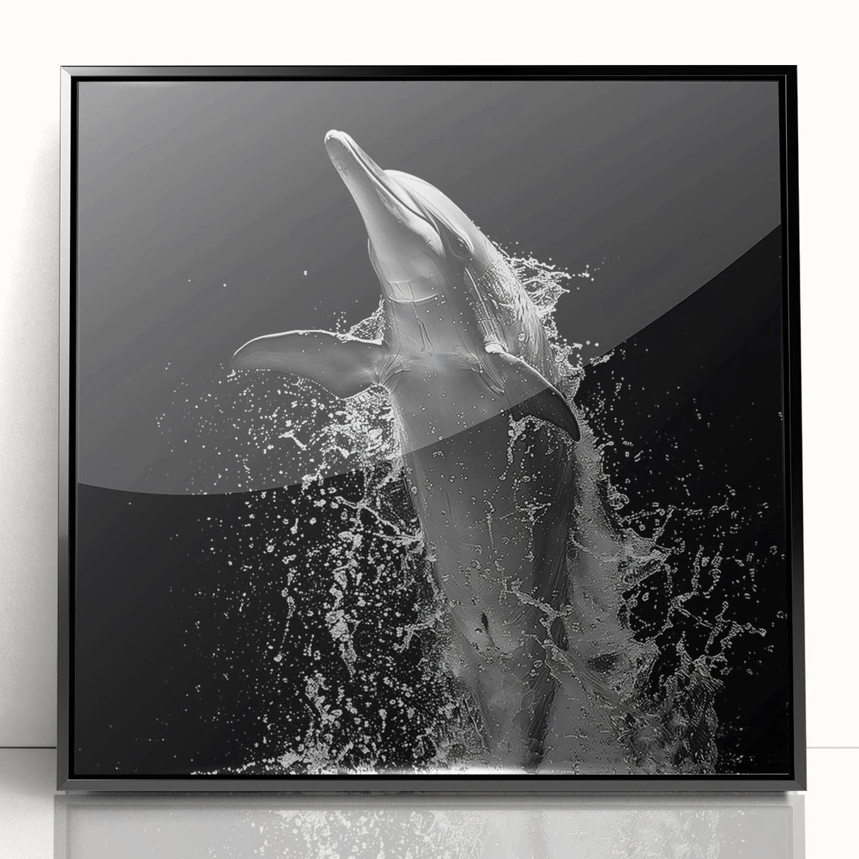 Framed wall art collection showcasing a vibrant dolphin design in acrylic, featuring a sleek black frame. Perfect for marine life enthusiasts and modern decor.