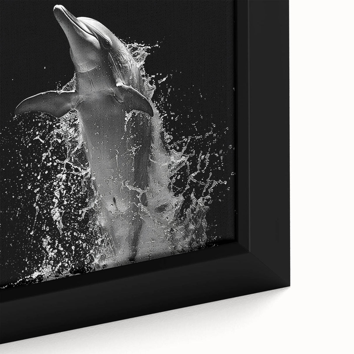 Close-up of a framed canvas wall art featuring a vibrant dolphin design, showcasing intricate details and rich colors, perfect for marine life enthusiasts.