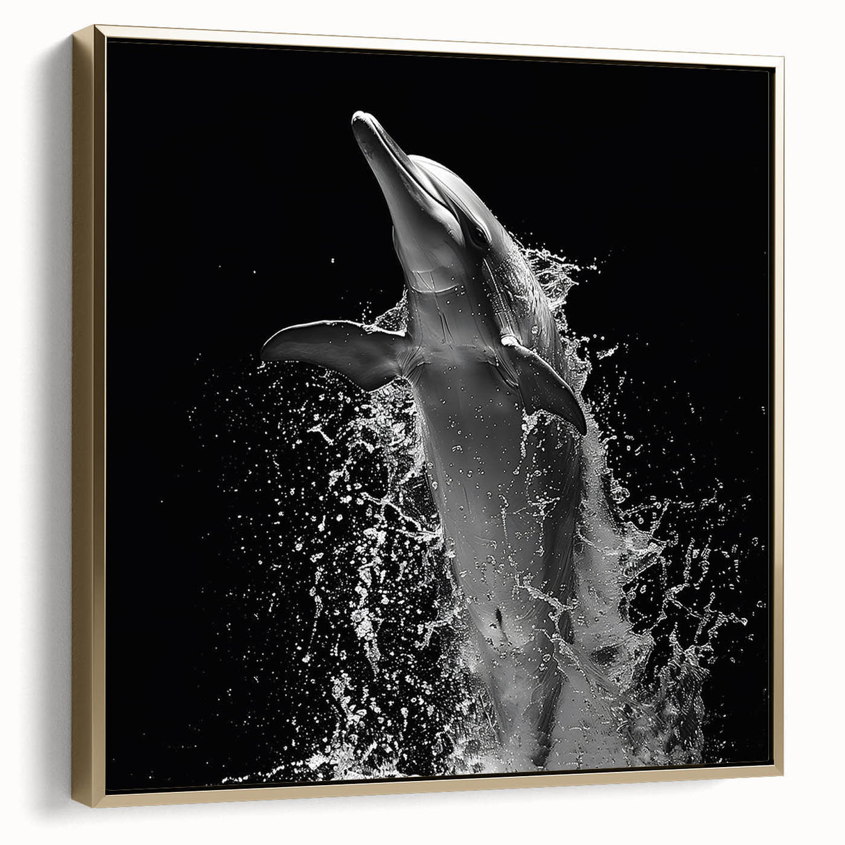 Framed canvas wall art showcasing a vibrant dolphin design with gold accents, perfect for marine life enthusiasts, adding elegance to any space.