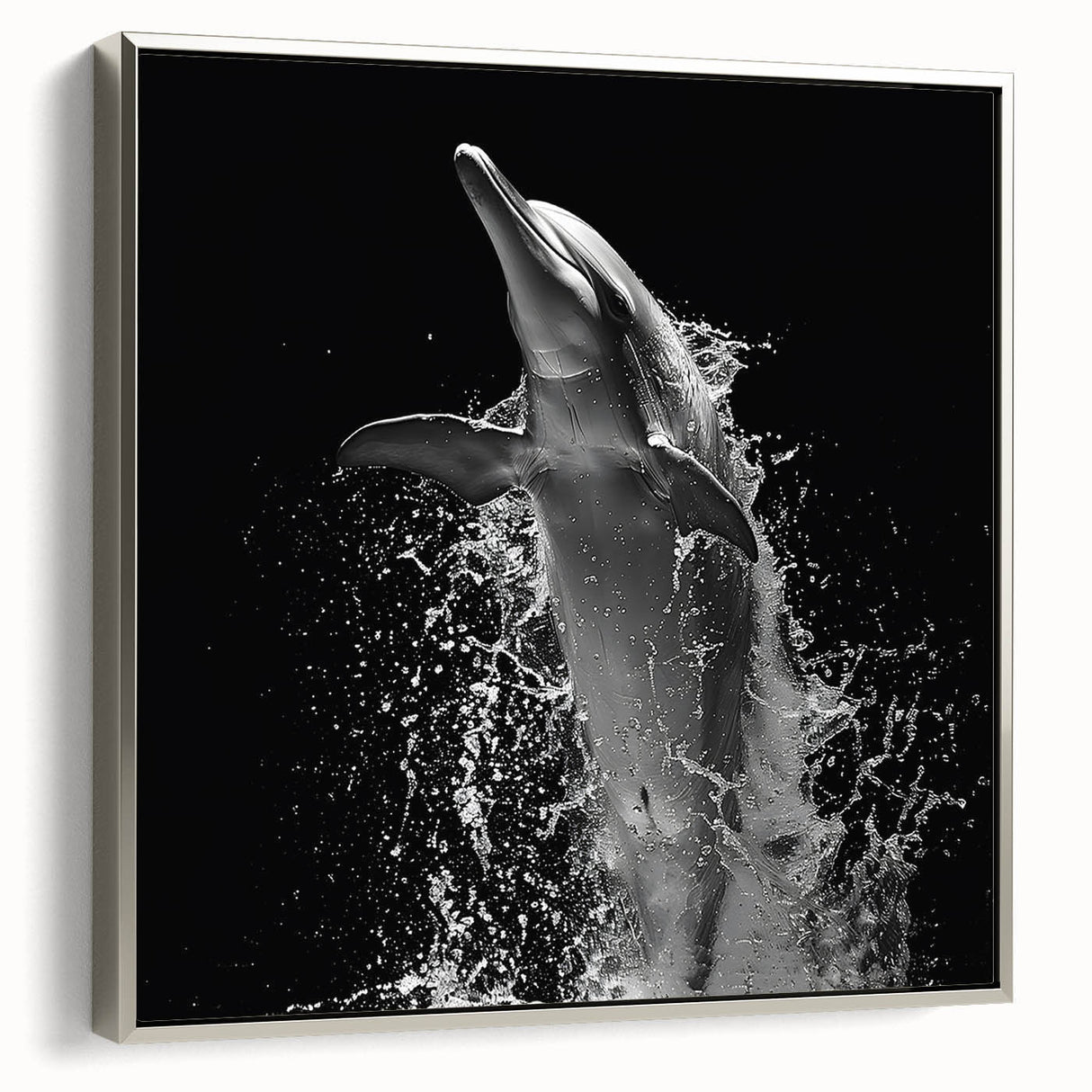 Framed canvas wall art showcasing a stunning dolphin design, silver accents, and a vibrant marine life theme, perfect for ocean-inspired decor.