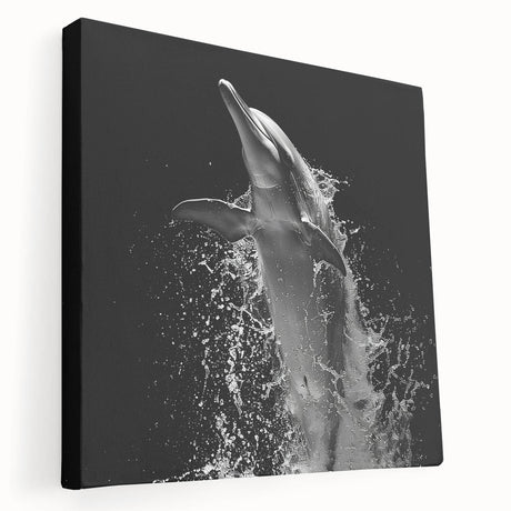 Stretched canvas wall art showcasing a vibrant dolphin design in a marine life theme, perfect for ocean lovers and coastal decor enthusiasts. The artwork features rich blues and intricate details, adding a playful touch to any space.
