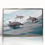 Framed wall art showcasing a vibrant dolphin design in a marine life theme, featuring a gold-accented acrylic front, ideal for ocean-inspired decor.