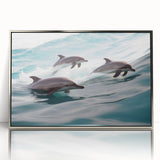 Framed acrylic wall art featuring a vibrant dolphin design in shades of blue and silver, showcasing marine life aesthetics, perfect for ocean-themed decor.