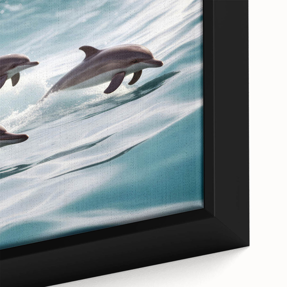 Close-up of a framed canvas wall art featuring a vibrant dolphin design, showcasing intricate details and vivid colors, perfect for marine life enthusiasts and home decor.