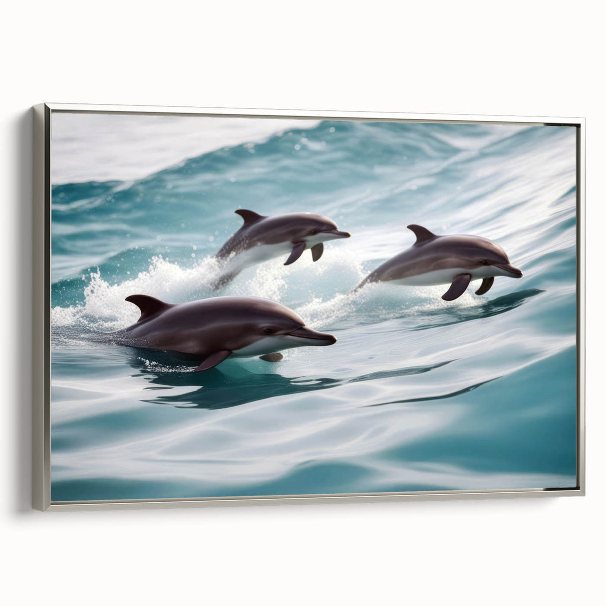 Framed canvas wall art showcasing a sleek silver dolphin design, perfect for marine life enthusiasts, adding elegance to any space with its contemporary style.