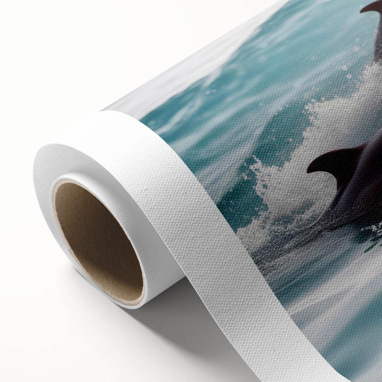 Vibrant rolled canvas wall art showcasing a playful dolphin design, ideal for marine-themed decor. The artwork features rich blues and greens, perfect for ocean lovers.