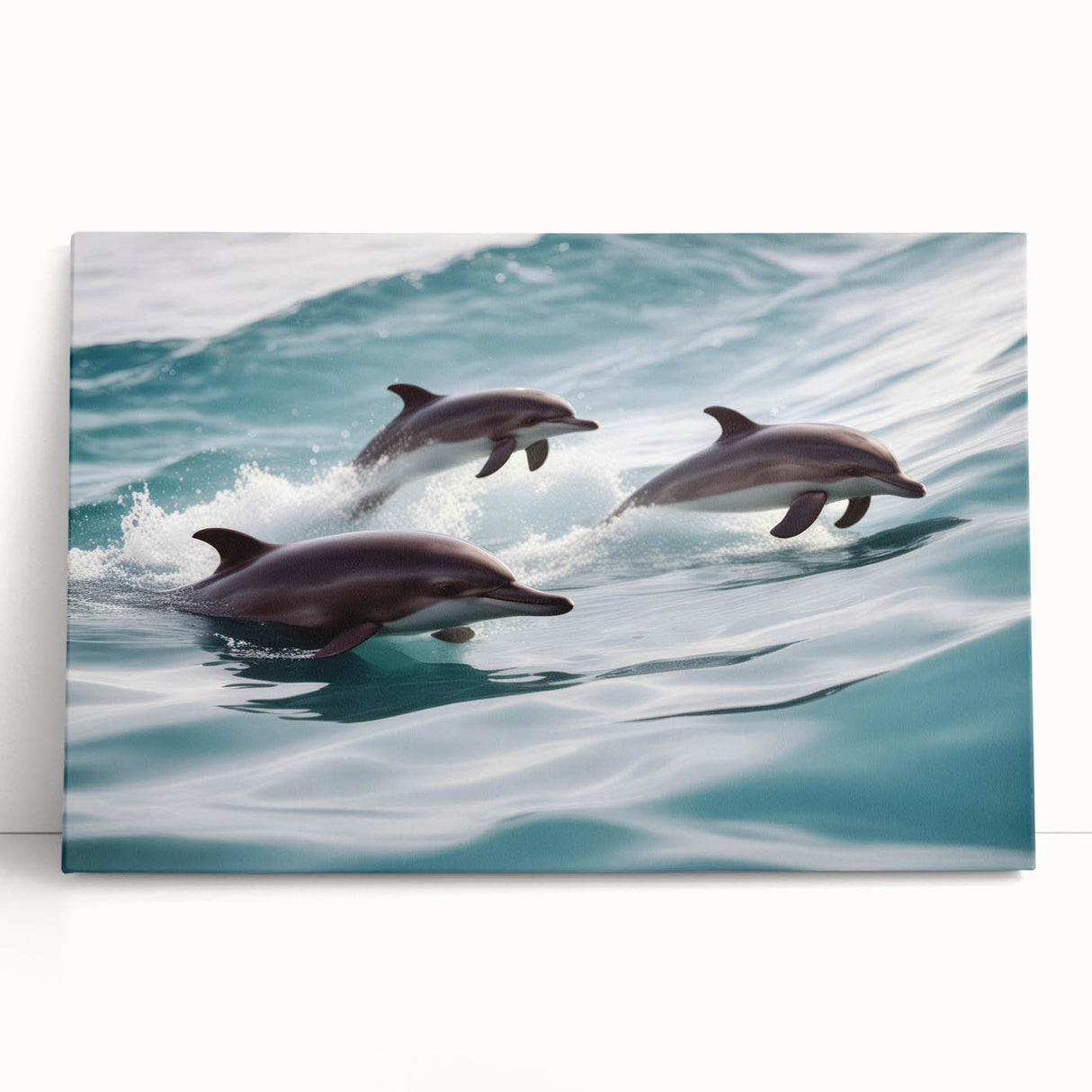 Vibrant dolphin-themed wall art design on stretched canvas, showcasing marine life colors and textures, perfect for enhancing ocean-inspired decor.