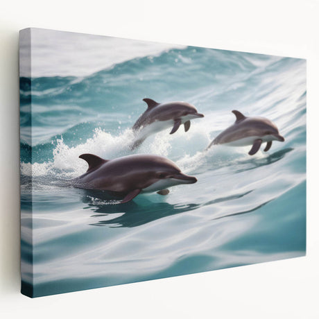 Vibrant stretched canvas wall art depicting a playful dolphin swimming amidst colorful marine life, showcasing intricate details and deep ocean hues. Ideal for ocean-themed decor.